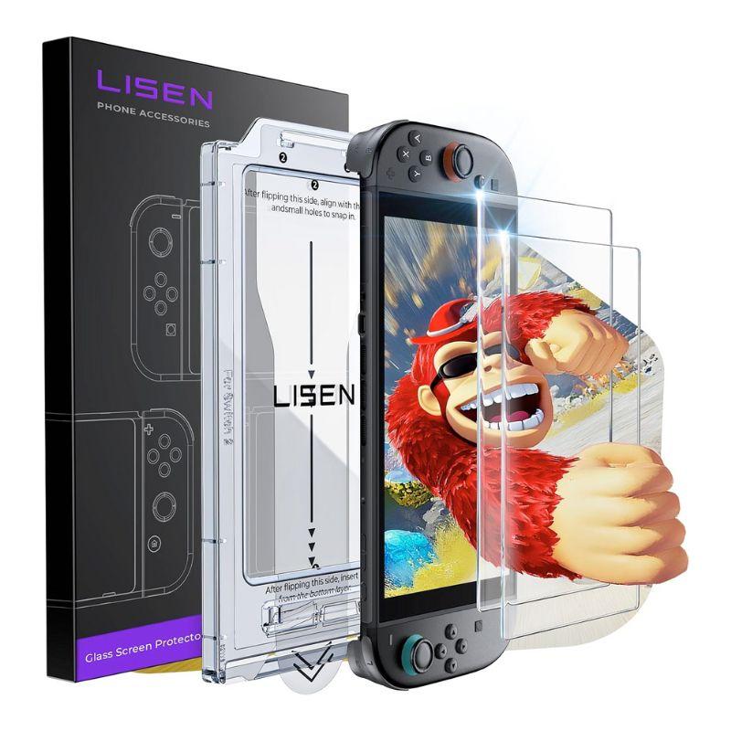 A LISEN Nintendo Switch 2 Screen Protector is being applied, with animated art on the screen. The anti-glare protector shines for clear visuals, and LISEN packaging and installation tools are visible.