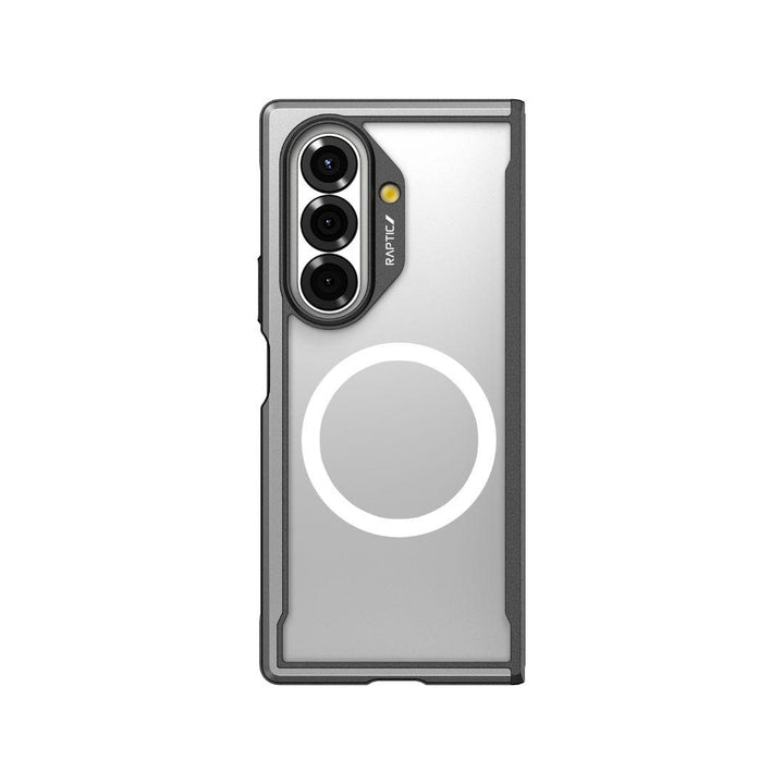 The RAPTIC Shield Black case for Samsung Galaxy Fold 7 features gray edges, a transparent back, a white MagSafe-compatible ring, and precise cutouts for triple cameras and flash with "Raptic" branding near the camera cutout.