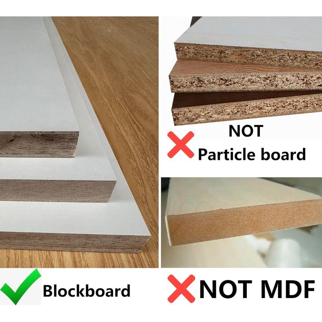 A comparison image on the MobileTechnica Podium Lecturn Rolling Stand shows laminated blockboard layers labeled "Blockboard" (left), and with red Xs, "NOT Particle board" and "NOT MDF" marked on their respective edges (right).