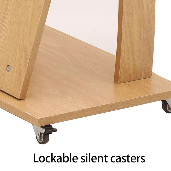 A close-up of the MobileTechnica Podium Lecturn Rolling Stand base shows two vertical panels on a rectangular platform with two small black lockable caster wheels for mobility. Black text below reads, "Lockable silent casters.