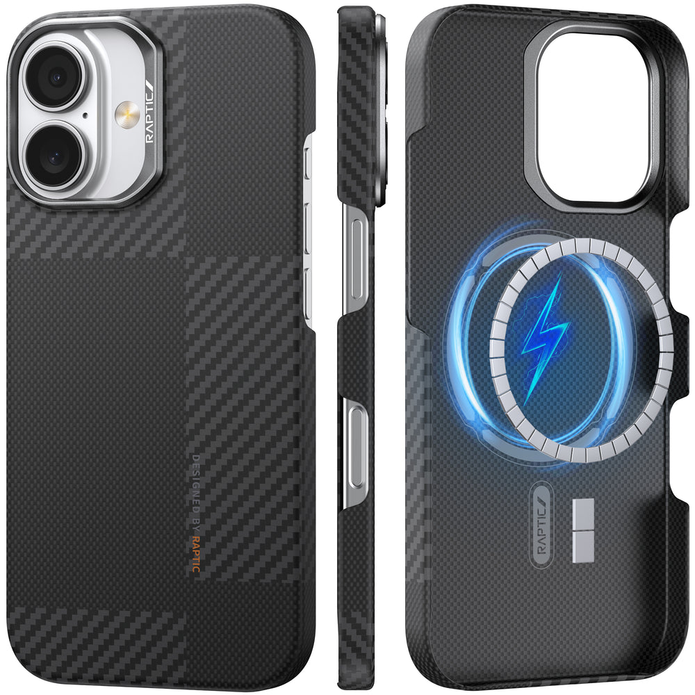 Three views of the Raptic Geotik iPhone 17 Aramid Fibre Case: back, side, and inner. The back has a subtle plaid pattern with a camera cutout; the inner shows a blue lightning symbol indicating MagSafe compatibility.