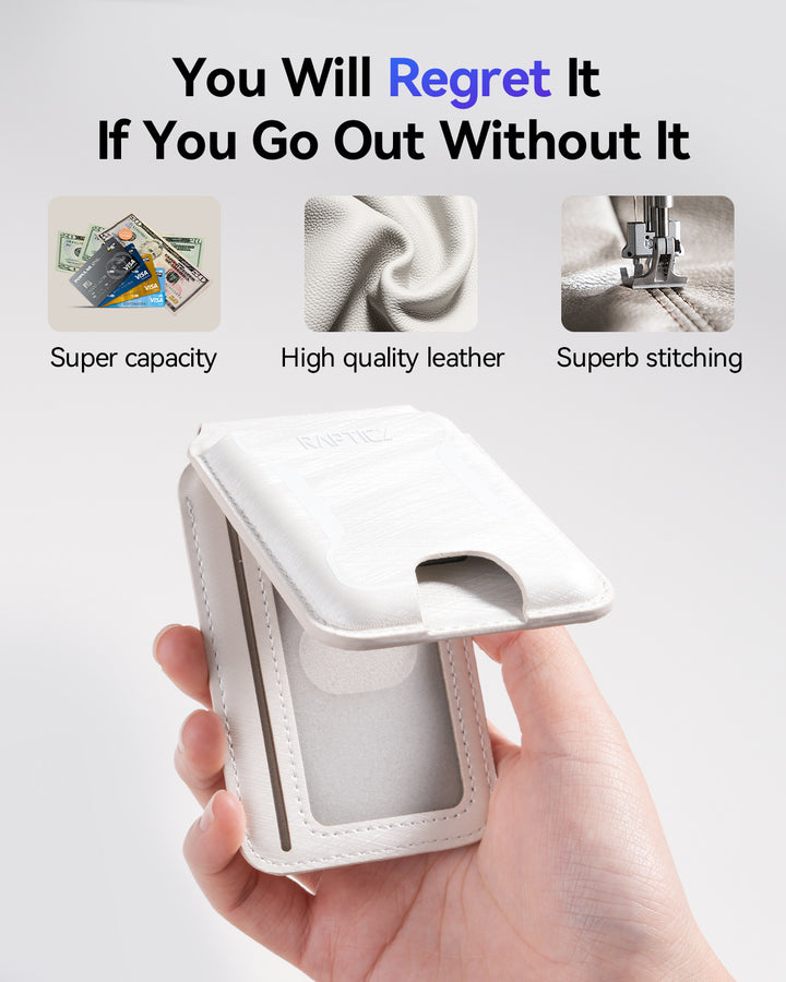 A hand holds the Raptic Air Wallet, a white leather magnetic wallet for iPhone 17 with card and cash slots. Text above: “You Will Regret It If You Go Out Without It.” Icons highlight super capacity, high quality leather, and superb stitching.