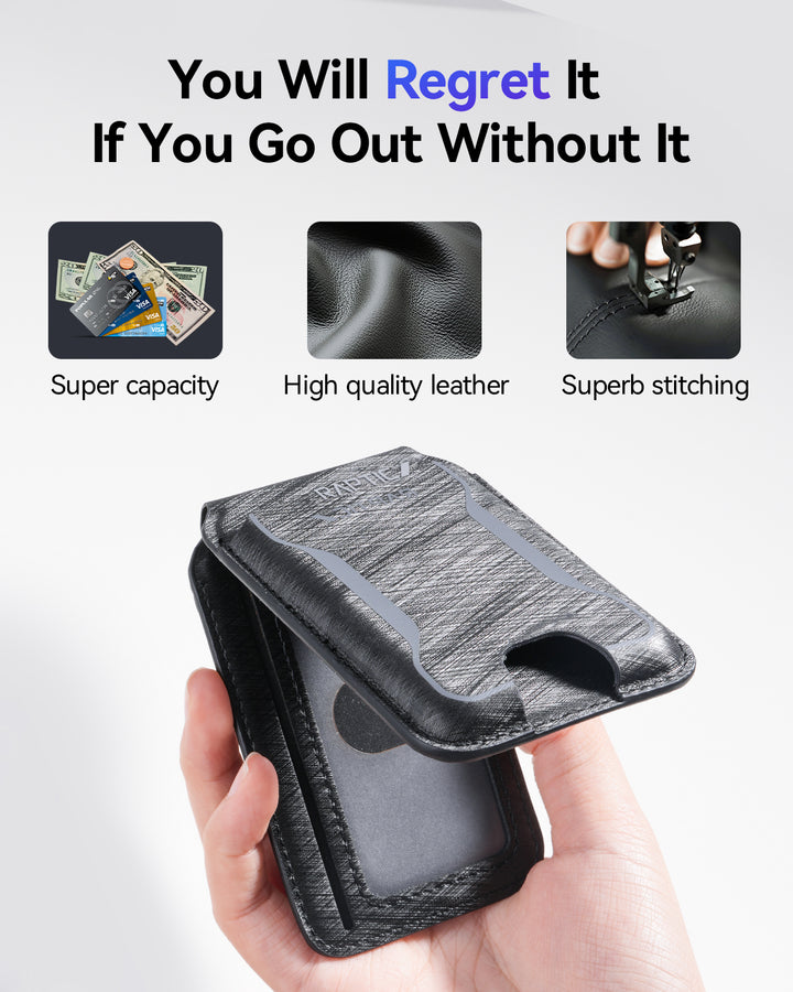 A hand holds the Raptic iPhone 17 Magnetic Wallet—made with high-quality, textured leather for super capacity and superb stitching. Text: “You Will Regret It If You Go Out Without It.” Three icons highlight its best features.