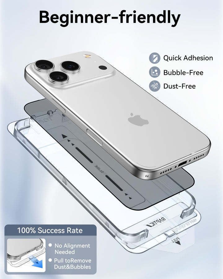 A silver iPhone floats above a labeled tool and an iPhone 17 Privacy Glass Protector by Raptic. Get 100% success, quick adhesion, bubble- and dust-free installs, military-grade tempered glass, no alignment needed—perfect for beginners.