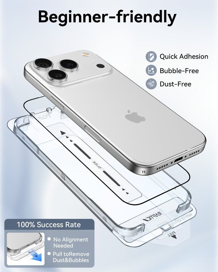 A graphic shows a silver iPhone with a Raptic Air Glass iPhone 17 Screen Protector (2 pack) applied using a clear tray. Highlights: "Beginner-friendly," "Quick Adhesion," "Bubble-Free," and military-grade protection for easy setup.