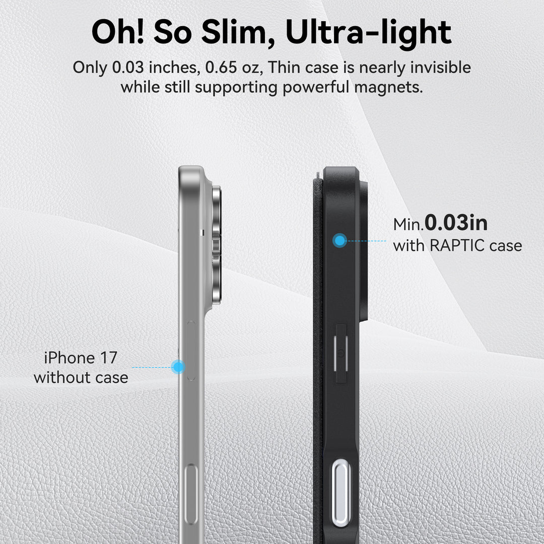 Side-by-side view: the left shows a bare iPhone 17, the right features an iPhone 17 with the Raptic Air Folio Wallet Case—sleek yet protective, combining slim design and powerful magnet support for your device.