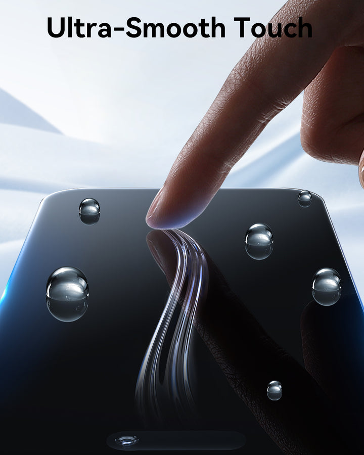 A close-up shows a finger gently touching the Raptic iPhone 17 Privacy Glass Protector, its water-shedding surface and sleek screen highlighted by light streaks. "Ultra-Smooth Touch" appears boldly above this Raptic Air Glass 2-pack.