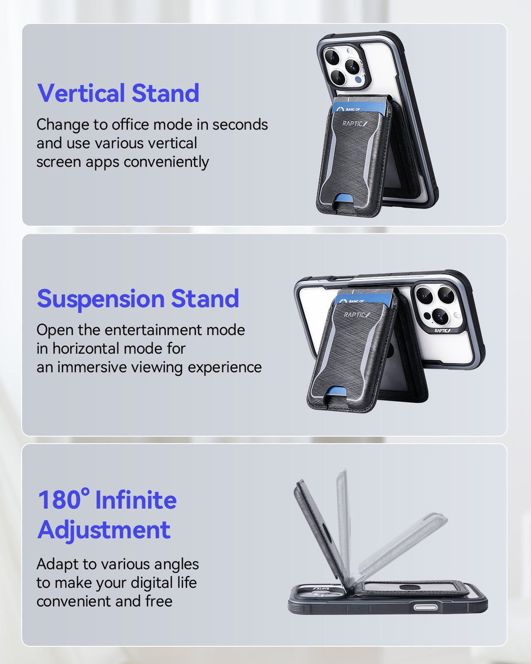 Three images show an iPhone with the Raptic Air Wallet, a magnetic stand and wallet. The phone stands upright, horizontal, and at various angles—ideal as an accessory for your iPhone 17 from Raptic.