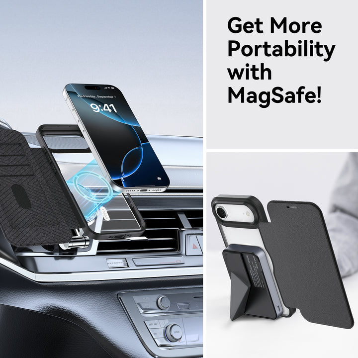 A Raptic car vent MagSafe mount holds a phone above the dash. Next to it, an iPhone 17 in the Raptic Air Folio Wallet Case with foldable stand is propped up. Text: “Get More Portability with MagSafe!” on white.