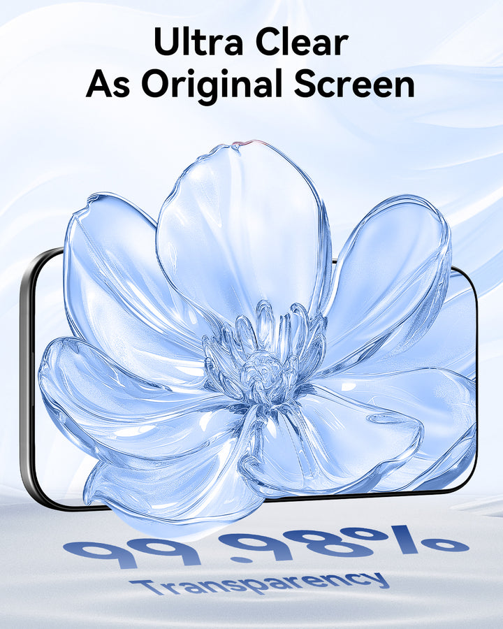 An iPhone 17 protected by Raptic Air Glass Privacy Protectors shows a large blue-tinted flower. Above, "Ultra Clear As Original Screen" appears in black, with "99.99% Transparency" in bold blue below. Brand: Raptic, 2 pack included.