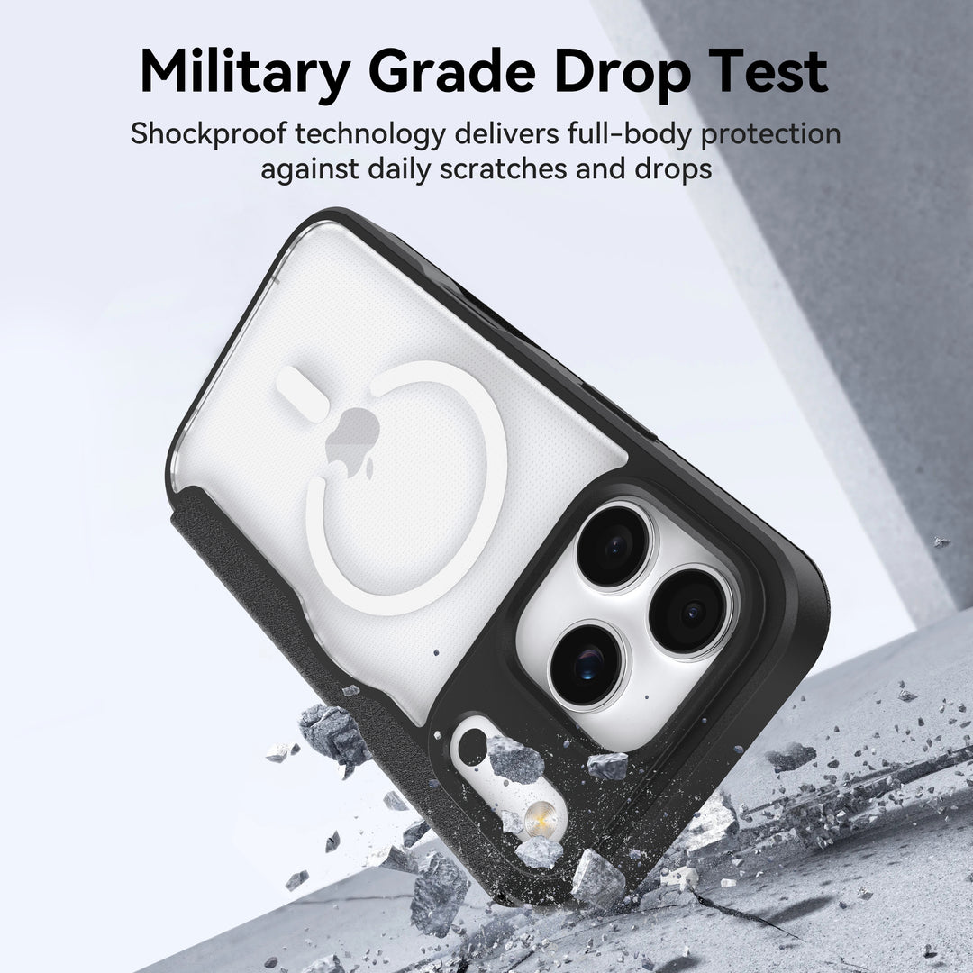 The Raptic Air Folio iPhone 17 Wallet Case, shown in black and white, withstands a concrete drop with bold “Military Grade Drop Test” text. Shockproof, full-body protection and magnetic buckle defend against scratches and drops.