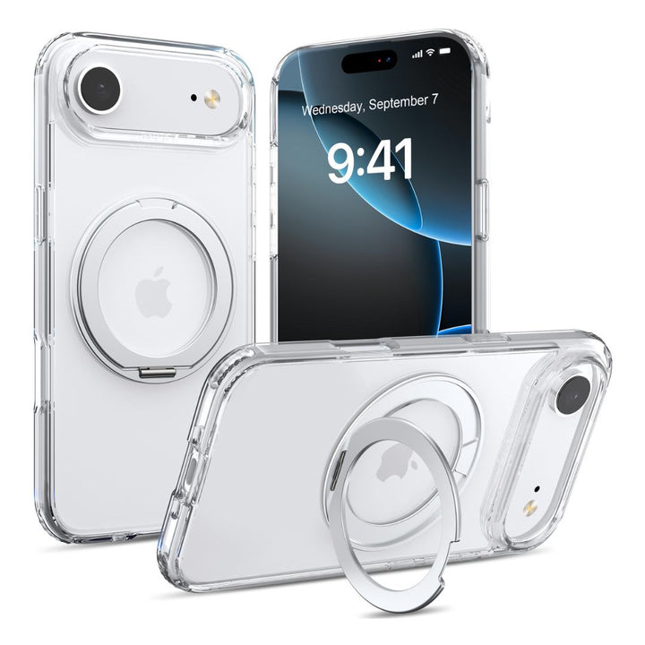 Three Raptic iPhone 17 Clear Cases with Magnetic Stand (Raptic Air Stand) are displayed. Two hold iPhones with visible Apple logos; one has its kickstand extended. A screen shows Wednesday, September 7, at 9:41.