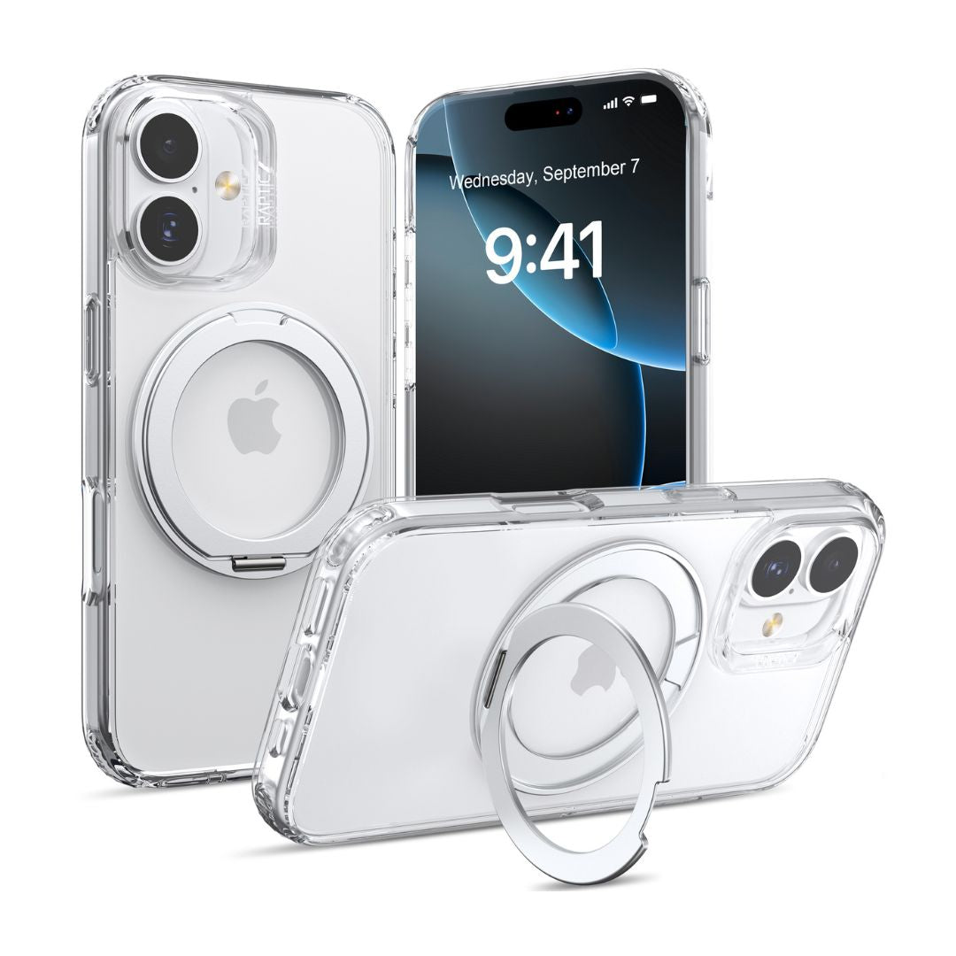Three Raptic Air Stand iPhone 17 Clear Cases with Magnetic Stand are shown on iPhones. Two cases reveal the Apple logo and dual cameras, while another displays a lock screen reading “Wednesday, September 7, 9:41.”.