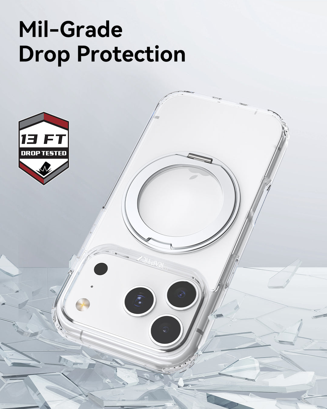 The Raptic Air Stand iPhone 17 Clear Case with Magnetic Stand features a MagSafe ring on a white phone atop shattered glass. Text reads “Mil-Grade Drop Protection” and a badge says “13 FT Drop Tested,” all set against a light gray background.
