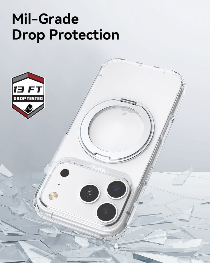 The Raptic Air Stand iPhone 17 Clear Case with Magnetic Stand features a MagSafe ring on a white phone atop shattered glass. Text reads “Mil-Grade Drop Protection” and a badge says “13 FT Drop Tested,” all set against a light gray background.