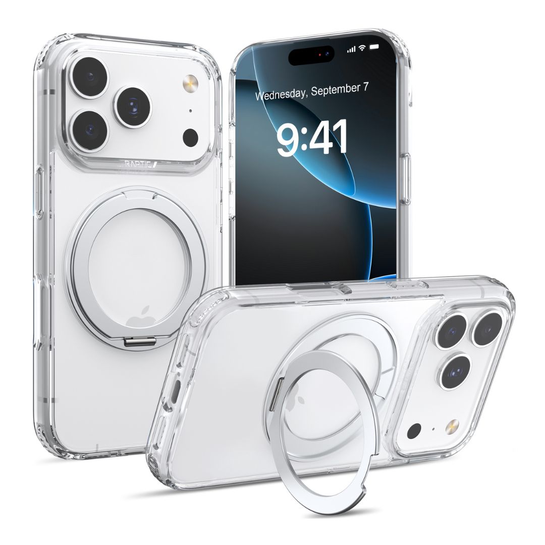 Three iPhone 17s in Raptic Air Stand Clear Cases are shown: two display the back with dual cameras and MagSafe rings, while one shows the screen. One Raptic case features a magnetic stand for hands-free use and military-grade protection.