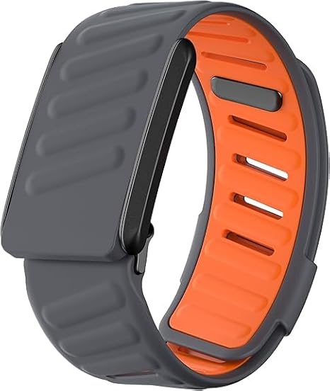 The MobileTechnica Whoop 5.0 Band is a modern fitness tracker featuring a sleek rectangular black display, a gray ridged outer band, and an adjustable bright orange silicone inner band with cutouts, plus secure waterproof straps.