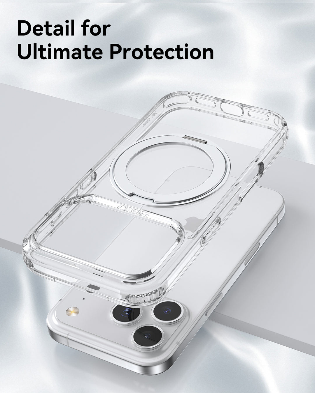 The Raptic iPhone 17 Clear Case with Magnetic Stand (Air Stand) is displayed above a white dual-camera phone on silky white fabric, with “Detail for Ultimate Protection” in the upper left corner.