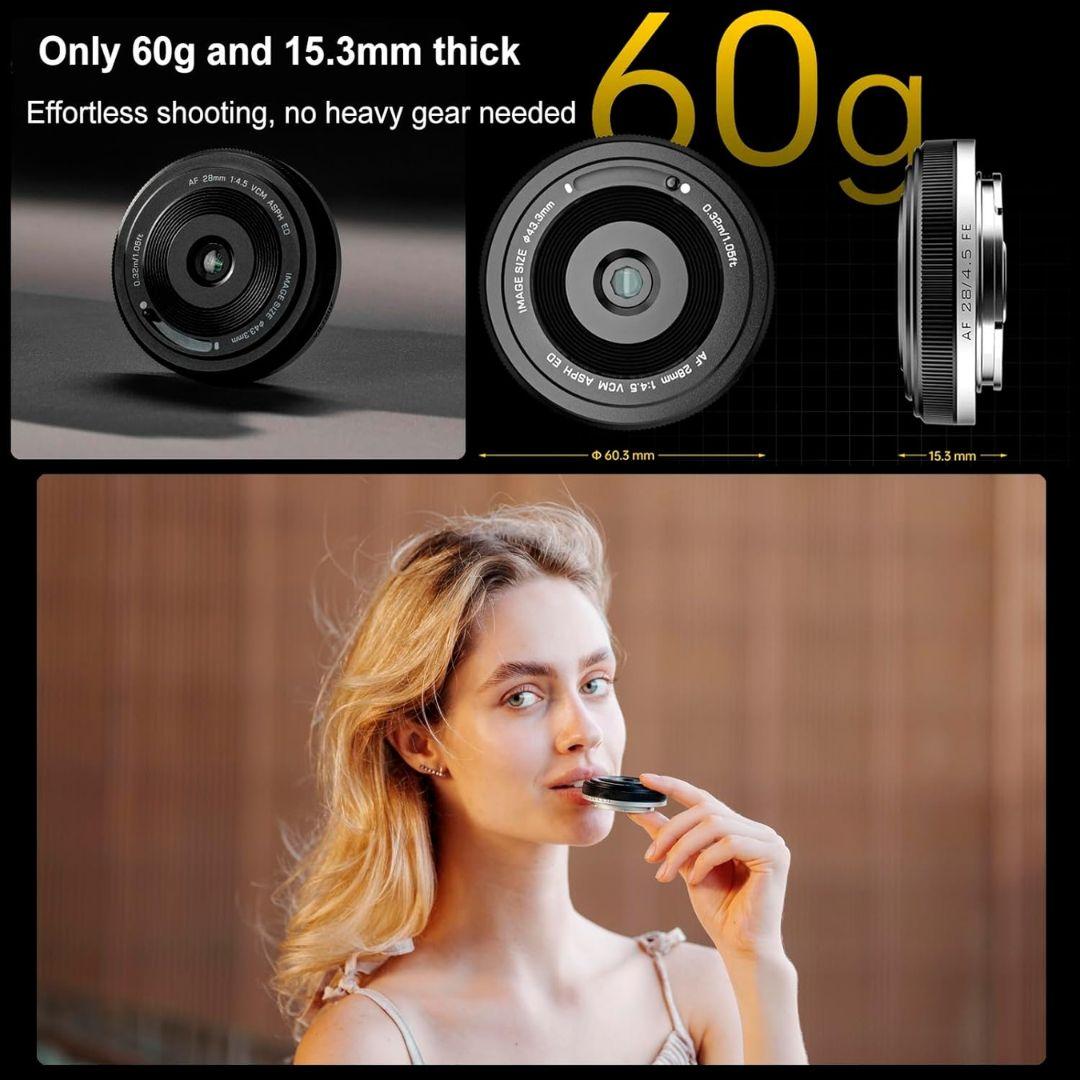 Promotional image for the Viltrox 28mm f/4.5 FE lens for Sony Full Frame Cameras by Viltrox, showcasing its ultra-light 60g weight and slim 15.3mm thickness, technical close-ups, and a woman smiling with the lens near her lips against a blurred background.