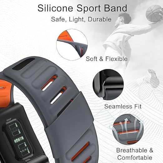 A close-up of the MobileTechnica Whoop 5.0 Band Silicone Wristband Waterproof with Secure Straps showcases its soft, flexible, breathable design and seamless comfort. In the background, a grayscale basketball dunk highlights its sporty appeal.