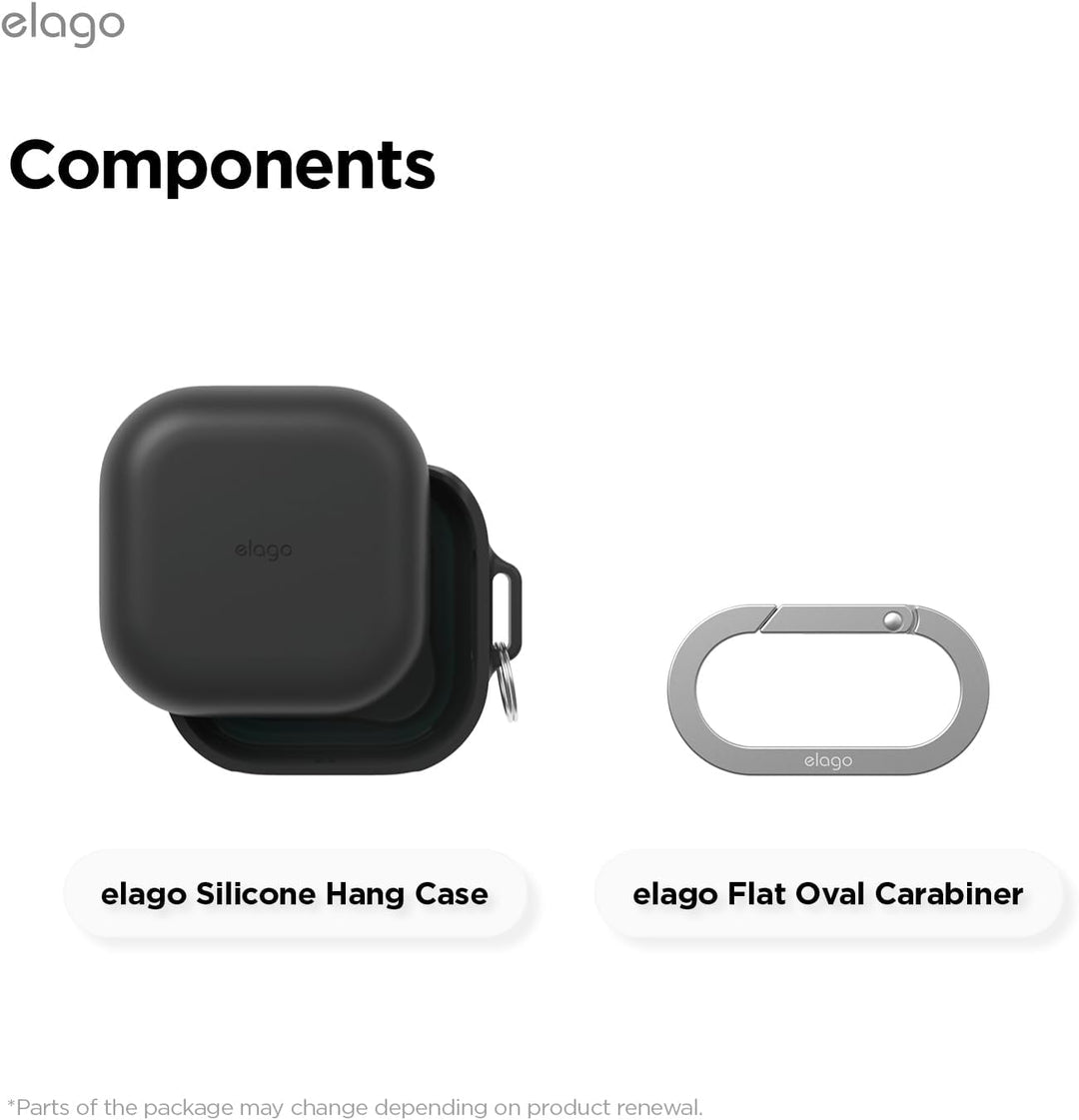 A Stone-colored MobileTechnica silicone case for Samsung Galaxy Buds 4 Pro & Buds 4, shown with a gray oval carabiner, offers full protection and supports wireless charging. Both items are labeled under the heading "Components.