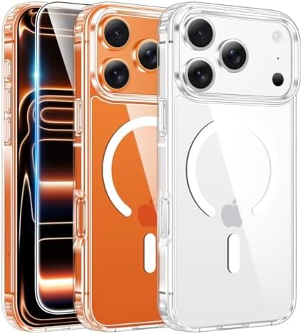 Three iPhones in Raptic Air Stand Clear Cases with Magnetic Stands are shown side-by-side. The orange and white models display triple camera lenses with a flash in a triangle and circular MagSafe rings on the case backs.