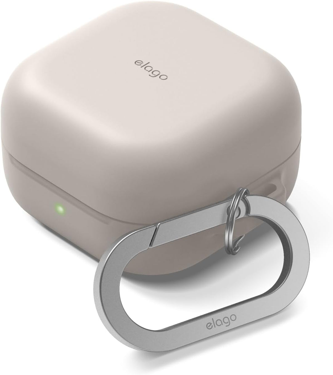A stone-colored MobileTechnica silicone case for Samsung Galaxy Buds 4 Pro & Buds 4 offers full protection, wireless charging compatibility, a sleek matte design, green indicator light, and metal carabiner—ideal as a carousel background in any premium A+ module.