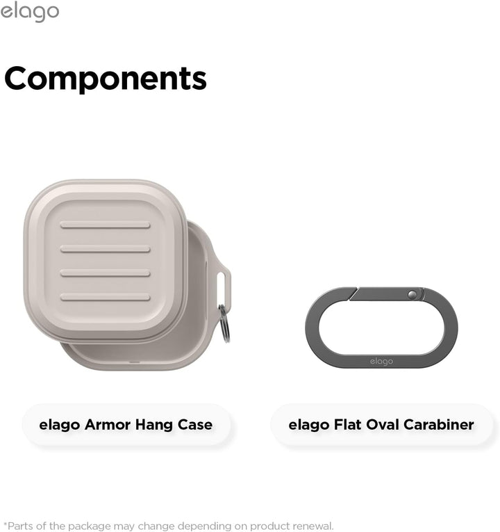 Image showing two components: on the left, a beige, rectangular MobileTechnica Premium Silicone Case for Samsung Galaxy Buds 4 Pro & Buds 4 (Stone); on the right, a gray oval wireless charging carabiner. Clean background with labeled text.