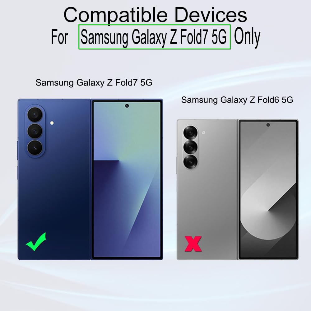 A carousel image highlights that the MobileTechnica Samsung Galaxy Z Fold 7 Screen Protector fits only the blue Fold7 5G (green check), not the gray Fold6 5G (red X). Text emphasizes this 2-pack tempered glass is for Fold7 5G only.