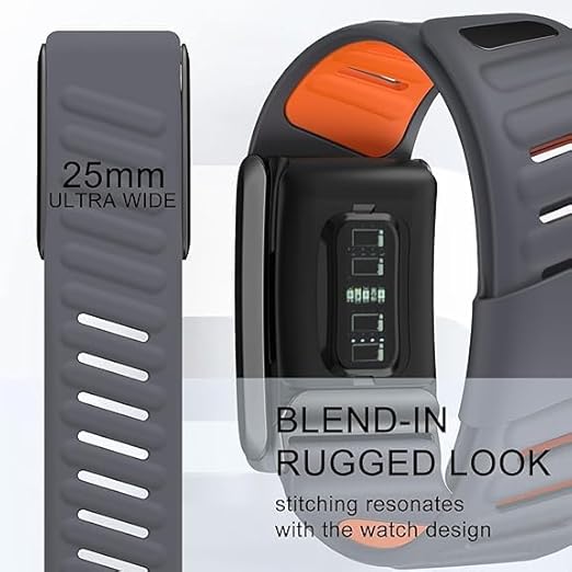 Close-up of the MobileTechnica Whoop 5.0 Band Silicone Wristband, waterproof with secure straps, black and gray with orange lining. Features a digital face, ventilation holes, "25mm Ultra Wide" fit, and stitching that matches the rugged design.