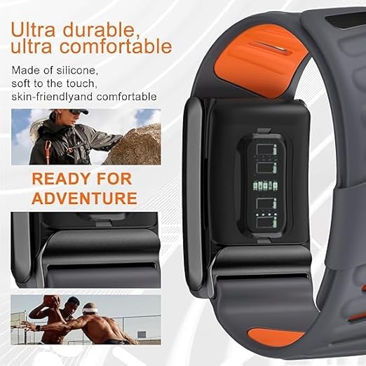 The Whoop 5.0 Band Silicone Wristband by MobileTechnica, shown in black and orange with a visible sensor, features waterproof, ultra-durable silicone and secure straps—ideal for running, hiking, or exercising outdoors.