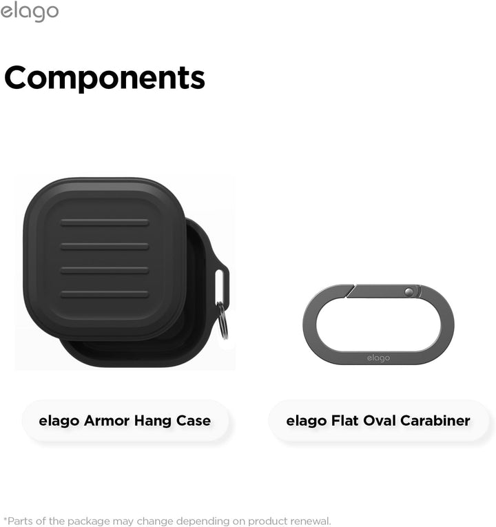 Image showing two components: on the left, a black, ridged MobileTechnica Samsung Galaxy Buds 4 Pro & Galaxy Buds 4 Case Premium Silicone Cover with side ring; on the right, a black elago Flat Oval Carabiner. Both labeled "Components" in bold.