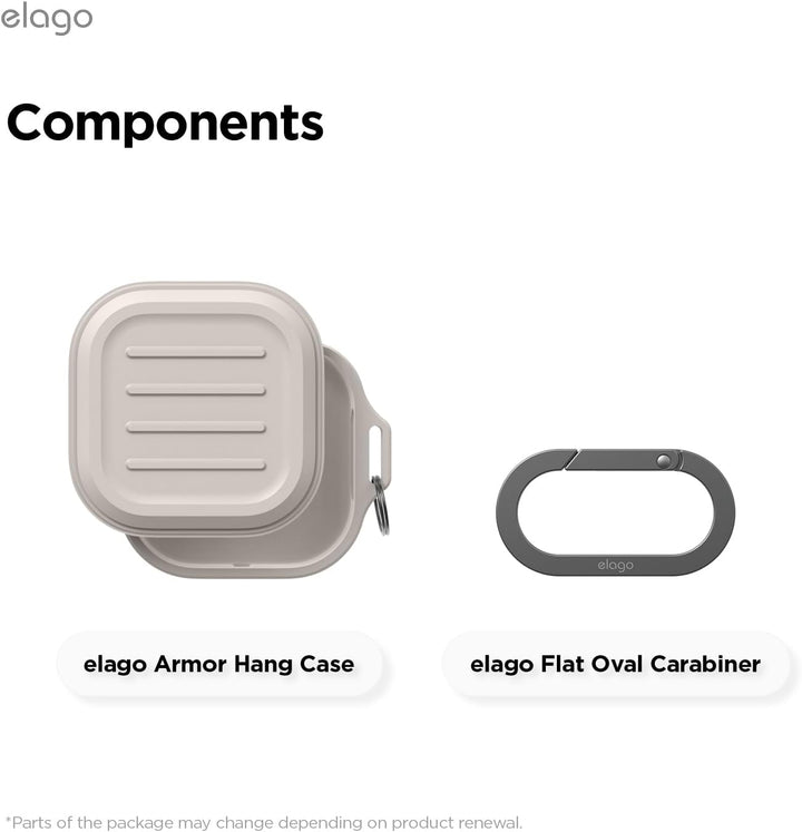 A black MobileTechnica Premium Silicone Cover for Samsung Galaxy Buds 4 Pro and Buds 4 is shown next to a flat oval carabiner. Both items appear labeled against a plain background under the title “Components.” Contents may vary.