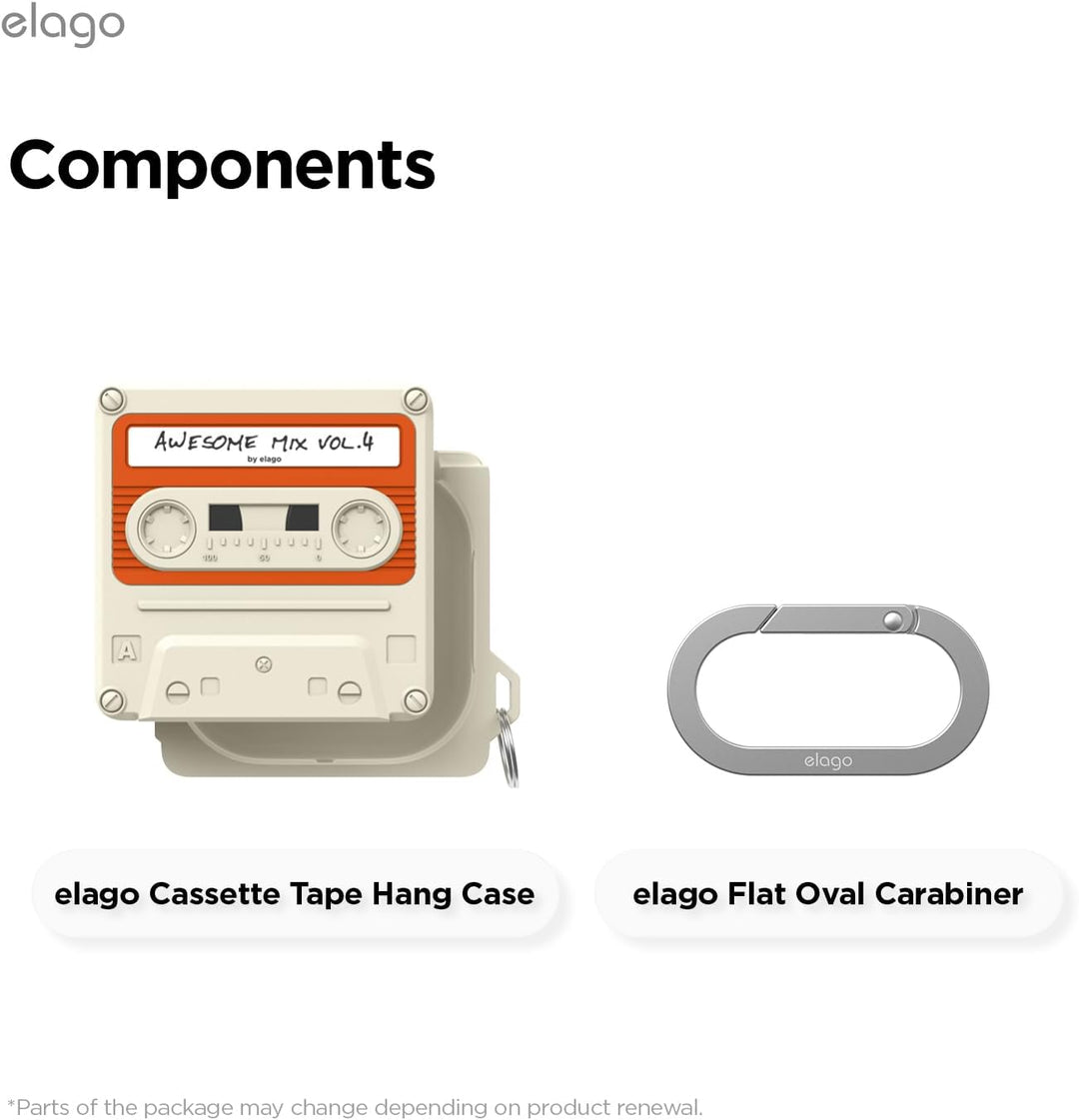 A classic white retro cassette case for Samsung Galaxy Buds 4 Pro & Buds 4 by MobileTechnica is shown beside a flat oval gray carabiner. Both offer full protection and are included in the set: case and carabiner.