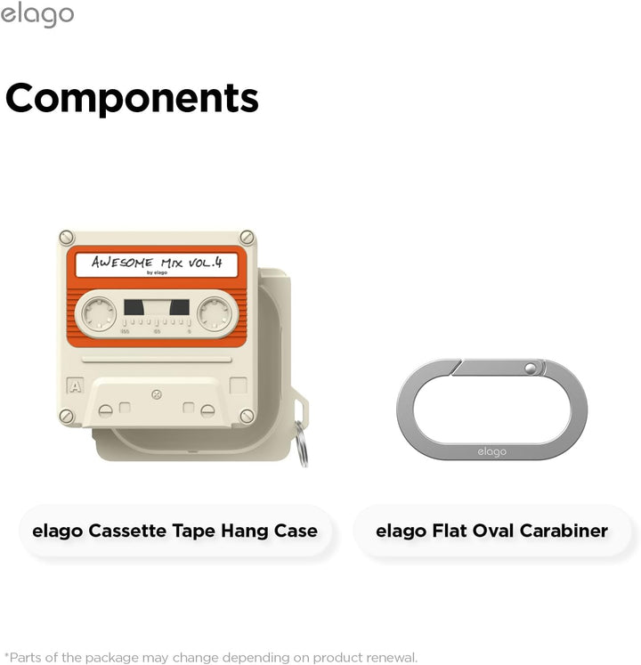 A classic white retro cassette case for Samsung Galaxy Buds 4 Pro & Buds 4 by MobileTechnica is shown beside a flat oval gray carabiner. Both offer full protection and are included in the set: case and carabiner.