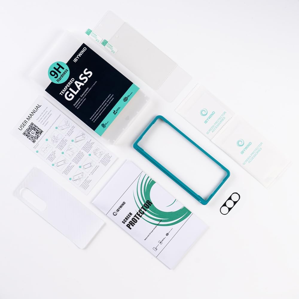 A flat lay of the MobileTechnica Samsung Galaxy Z Fold 7 Screen Protector kit shows 2 packs of 9H tempered glass, a camera lens protector, turquoise alignment frame, dust stickers, wet and dry wipes, and installation manuals on a white background.