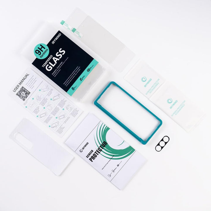 A flat lay of the MobileTechnica Samsung Galaxy Z Fold 7 Screen Protector kit shows 2 packs of 9H tempered glass, a camera lens protector, turquoise alignment frame, dust stickers, wet and dry wipes, and installation manuals on a white background.