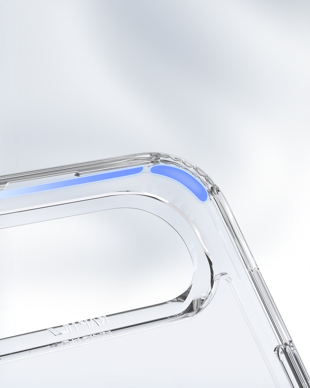 Close-up of the Raptic iPhone 17 Clear Case with Magnetic Stand (Air Stand), featuring a blue-accented corner and precise cut-outs. The transparent design highlights protection and stands out against a softly blurred background.