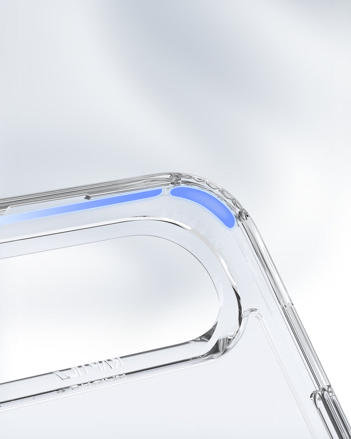 Close-up of the Raptic iPhone 17 Clear Case with Magnetic Stand (Air Stand), featuring a blue-accented corner and precise cut-outs. The transparent design highlights protection and stands out against a softly blurred background.