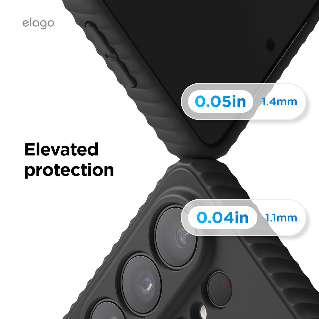 Close-up of the MobileTechnica Samsung Galaxy S26 Ultra Case with MagSafe by elago Ridge Silicone, featuring textured edges and elevated bezels (1.4mm screen/1.1mm camera) for shock protection. “Elevated protection” is written in white on a white background.