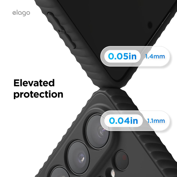 Close-up of the MobileTechnica Samsung Galaxy S26 Ultra Case with MagSafe by elago Ridge Silicone, featuring textured edges and elevated bezels (1.4mm screen/1.1mm camera) for shock protection. “Elevated protection” is written in white on a white background.