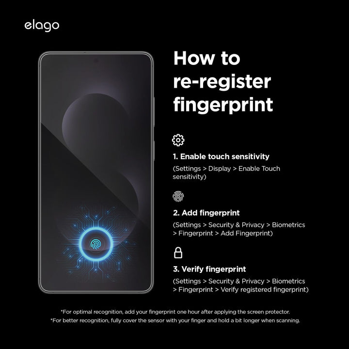 A Samsung Galaxy S26 Ultra shows a glowing fingerprint icon on its screen. Instructions beside it guide you to enable touch sensitivity and add your print in settings for the Elago 2-pack Screen Protector by MobileTechnica—view all steps by paging through.