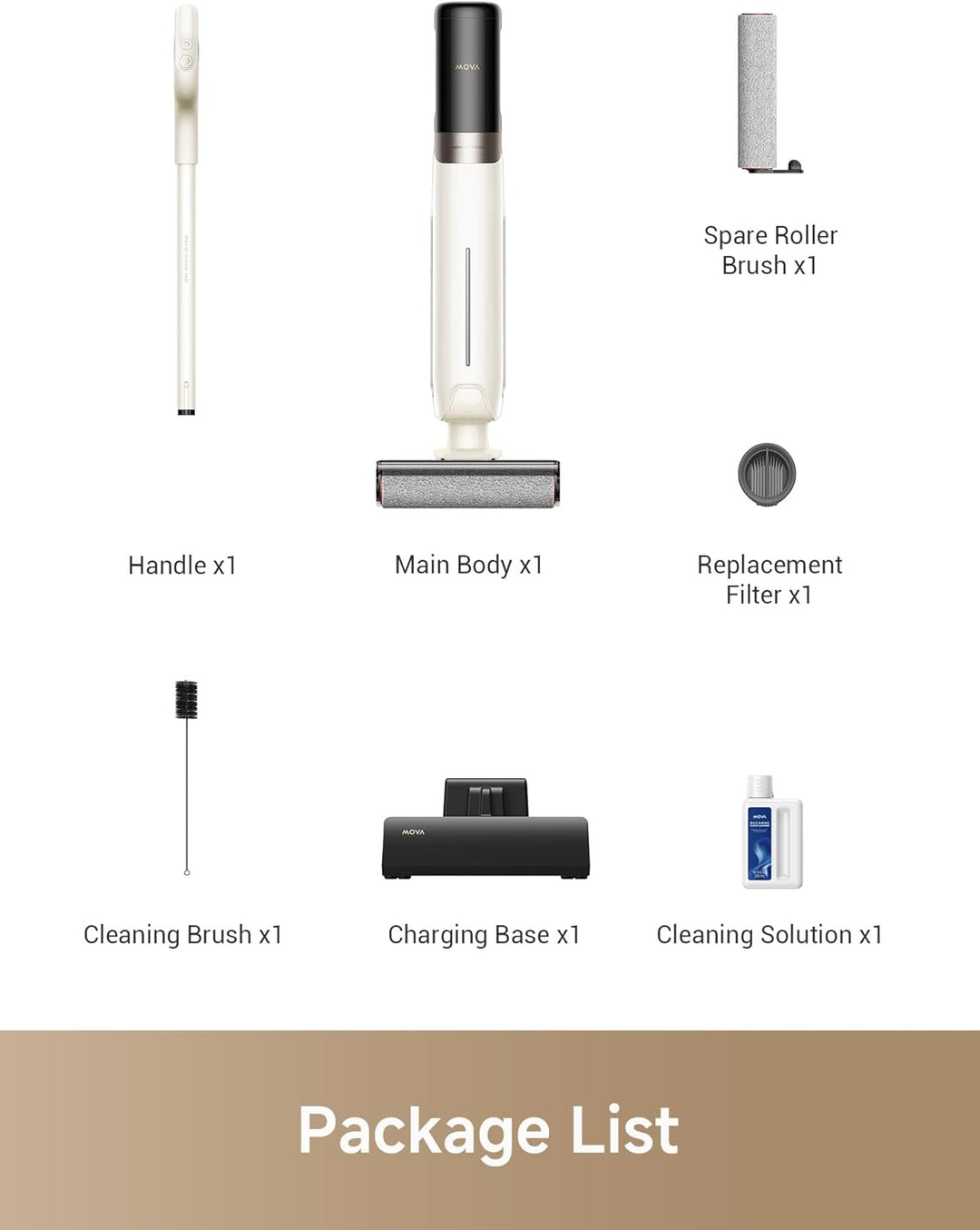 Image displaying contents of the MobileTechnica MOVA K30 Wet Dry Vacuum package: handle, main body, spare roller brush, replacement filter, cleaning brush, charging base, and cleaning solution. 180° Lie-Flat Design shown on a brown "Package List" footer.