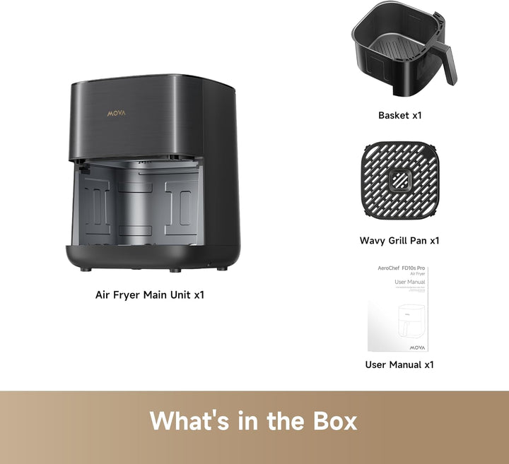 On the left, the MOVA FD10s Pro Air Fryer by MobileTechnica (6L, black) main unit is shown. To the right are labeled images of its basket, wavy grill pan, and user manual over a tan background with "What's in the Box" at the bottom.