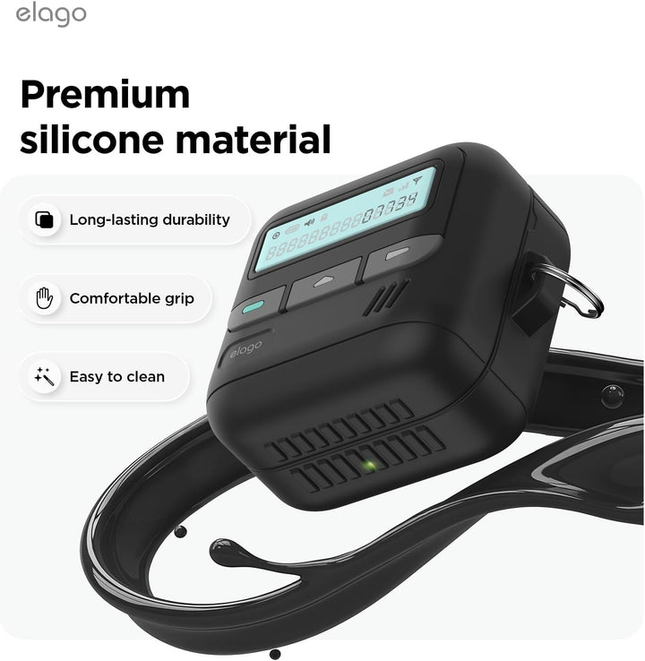 The MobileTechnica Samsung Galaxy Buds 4 Pro & Buds 4 Cover is a black, retro pager-style case with a lanyard, offering full protection, premium silicone material, long-lasting durability, and easy cleaning.