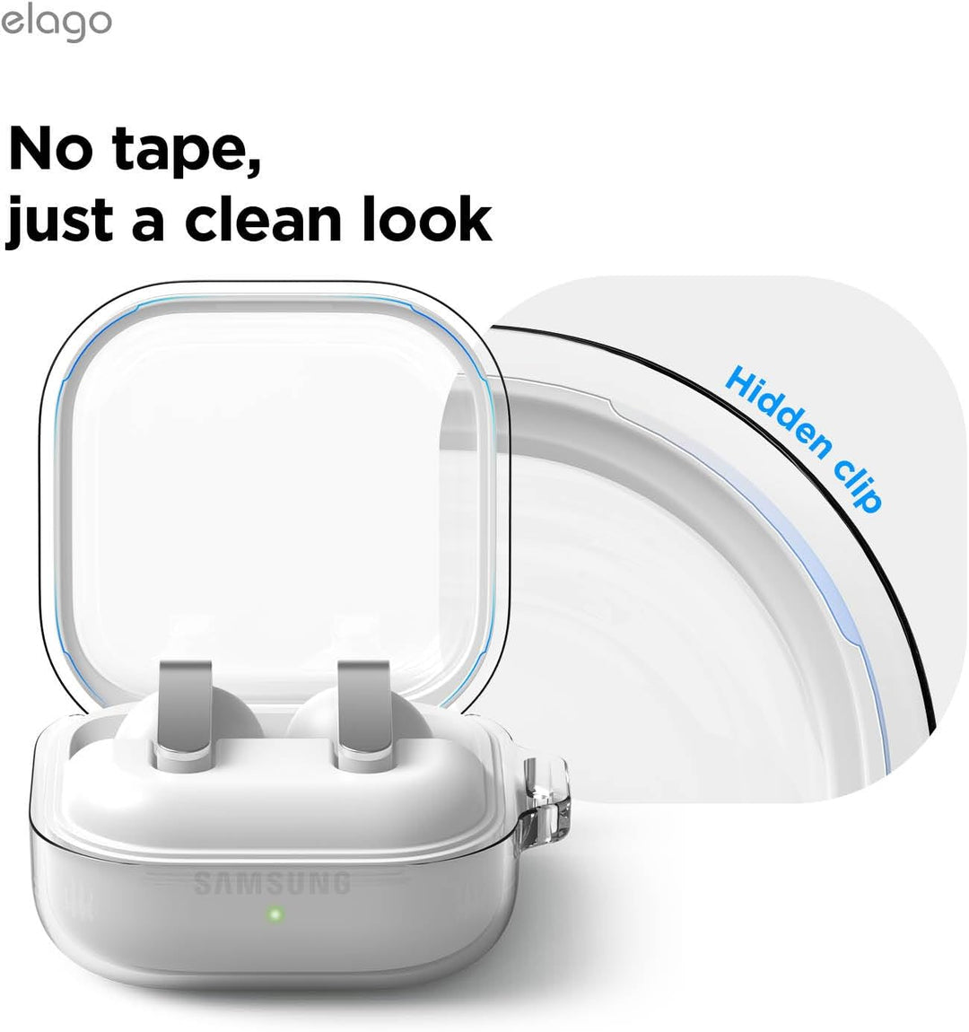 A MobileTechnica Samsung Galaxy Buds 4 Pro & Buds 4 Case is shown open. The text reads, "No tape, just a clean look." A zoom highlights the hidden clip. Its premium clear design and transparent finish emphasize cleanliness.