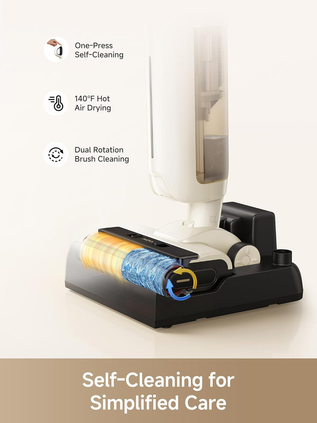 A close-up of the MOVA K30 Wet Dry Vacuum Cleaners by MobileTechnica shows its brush compartment with labeled features: 180° lie-flat, one-press self-cleaning, 140°F hot air drying, and dual rotation brush. Caption: "Self-Cleaning for Simplified Care.