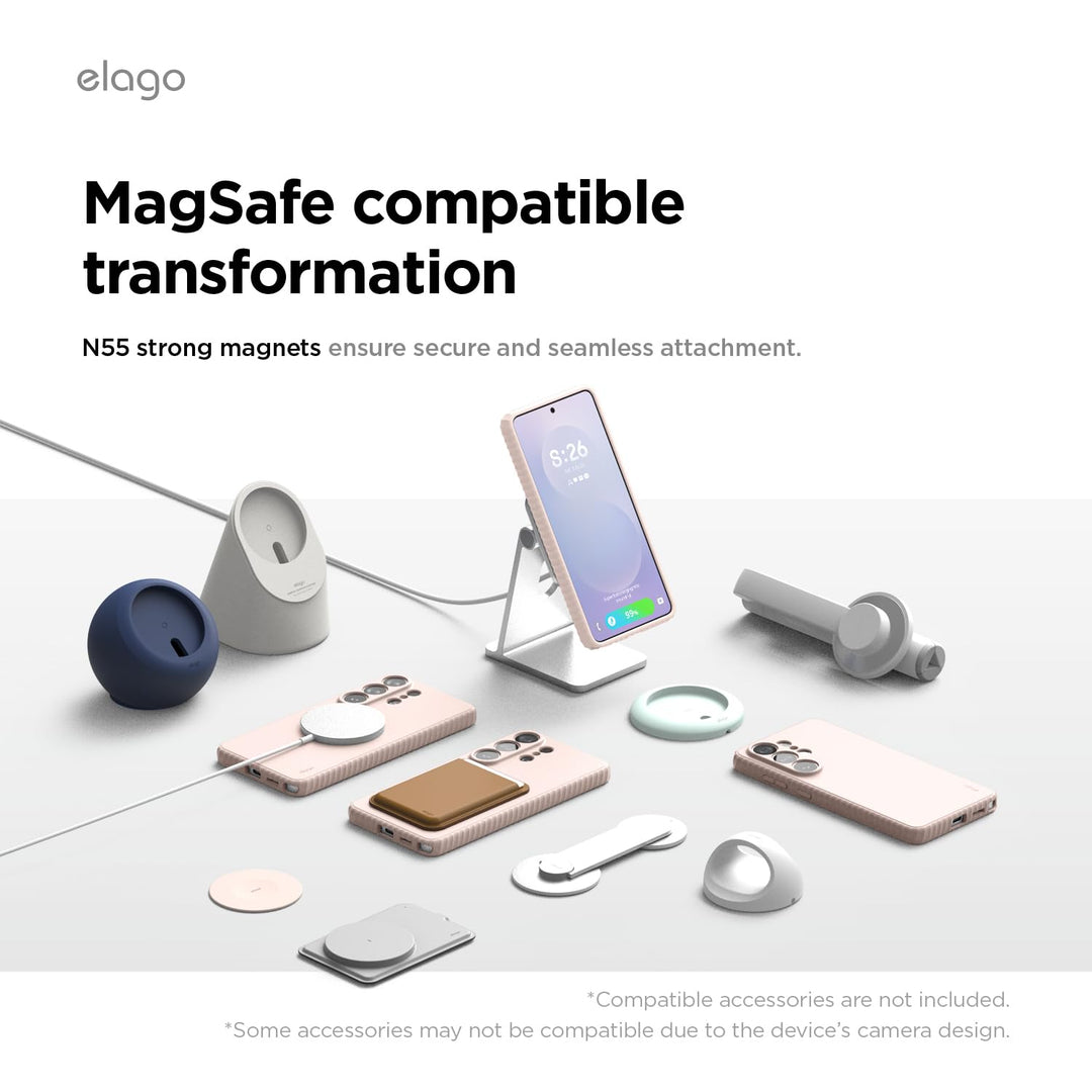 A showcase of MobileTechnica's Samsung Galaxy S26 Ultra Case with MagSafe by elago Ridge Silicone—plus MagSafe phone stands, charging docks, mounts, and magnetic rings—all highlighting sleek design and seamless MagSafe compatibility.