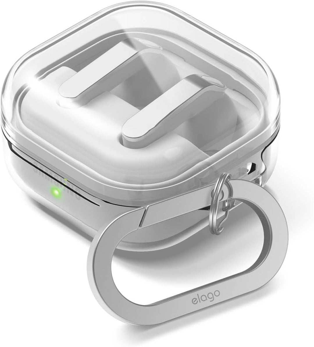 The MobileTechnica Samsung Galaxy Buds 4 Pro & Buds 4 Case is a premium clear cover with a hinged lid, green LED indicator, and an engraved silver carabiner for easy attachment—compatible with wireless charging. Perfect for premium displays.