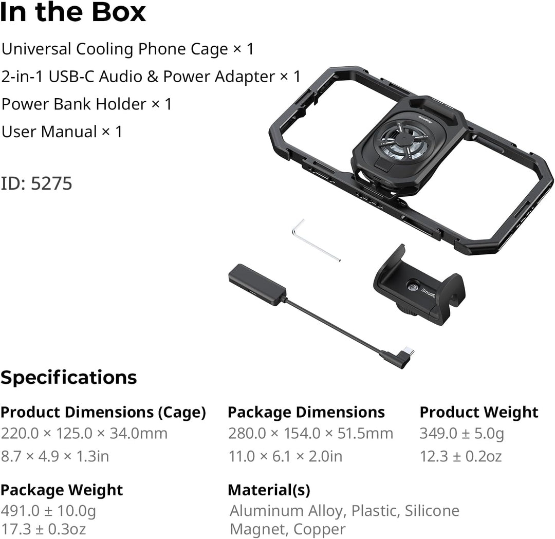 SmallRig Universal Hyper Chill Cooling Phone Cage for iPhone/Android, with 15W Active Cooler & 2-in-1 USB-C Adapter & Power Bank Holder, Compatible 2.5-3.1" Phones, Live Streaming Video Shooting-5275